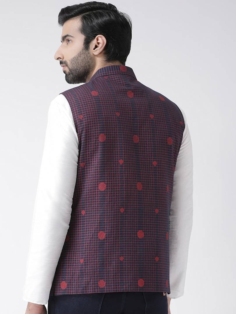 Men's Navy Blue 
Cotton Blend
 Printed Nehru Jackets